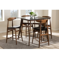 Baxton Studio Flora-Black/Walnut-5PC Pub Set Flora Mid-Century Modern Black Faux-Leather Upholstered Walnut Finished 5-Piece Pub Set